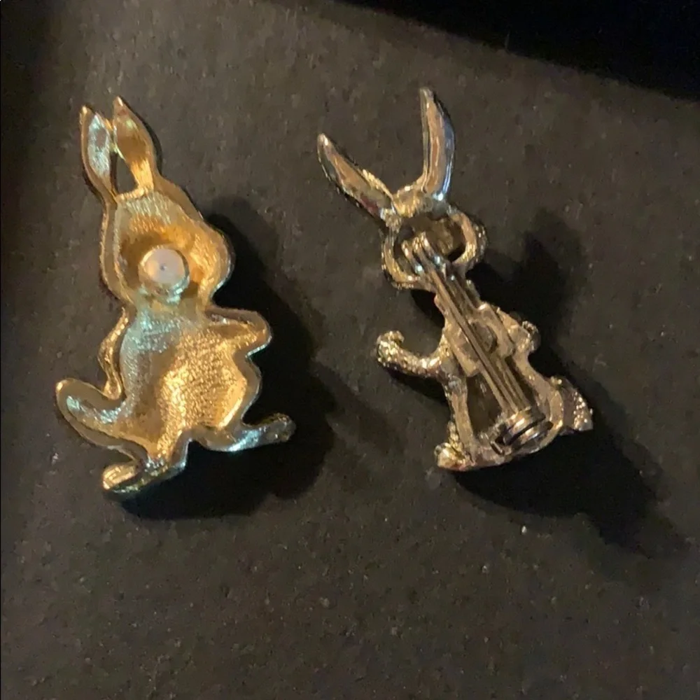 Two Gold Tone Bunny Pins One w/green eyes/blue eye